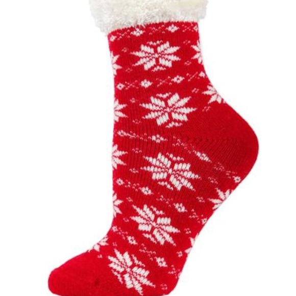 Snowflake Fair Isle Plush Cabin Socks  Red - Picture 1 of 2